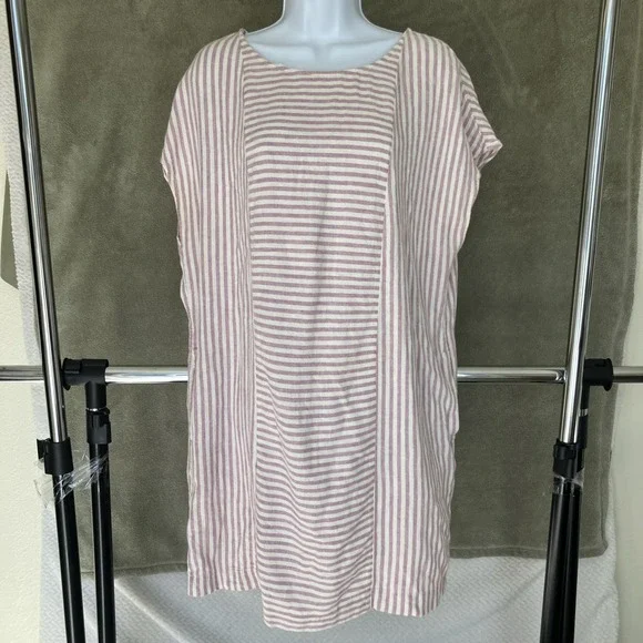 Madewell Striped Tunic Shift Dress Linen Blend Coastal Preppy Button Back XL - Picture 1 of 10